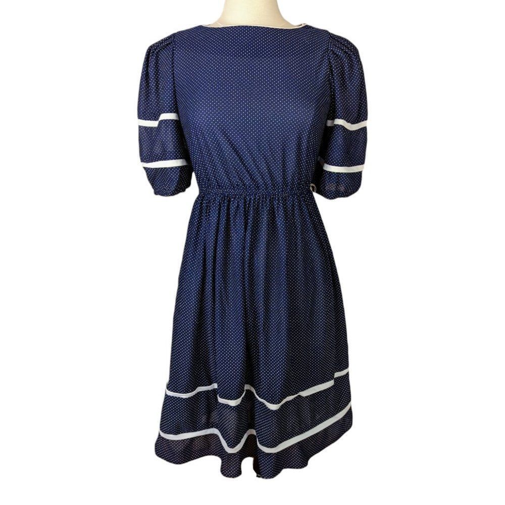 Vintage 70s Navy Blue Swiss Dot Fit and Flare Midi Dress Size 6